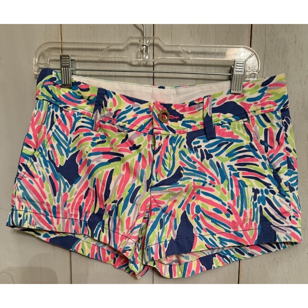 Lilly Pulitzer The Walsh Blue Pink‎ Green Summer Short in Indigo Palm Print Sz-2